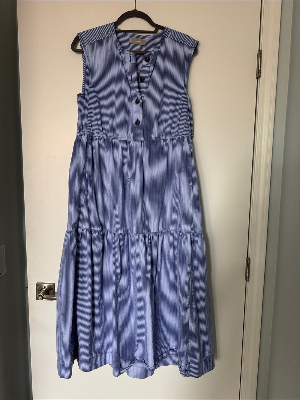 Everlane Blue Pinstripe Sleeveless Tiered Maxi Dress